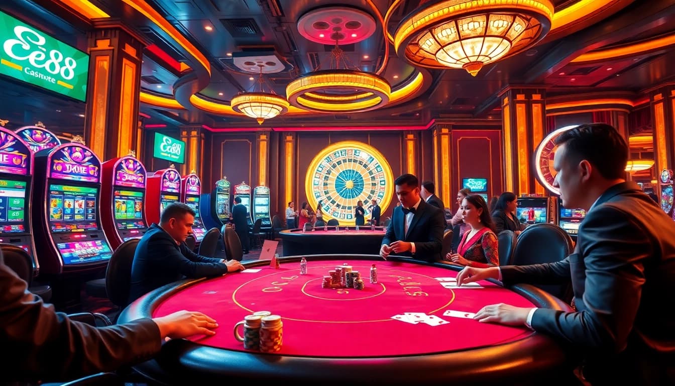 Players engaging at EE88's vibrant poker table in an upscale casino, capturing the excitement of gambling.