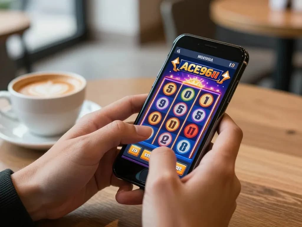 Ace96au player engaging with mobile slots on smartphone, showcasing vibrant gameplay and casual atmosphere.