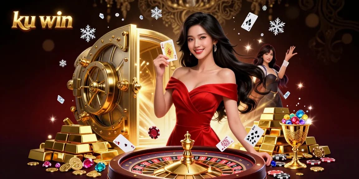 Experience the excitement of ku win with a glamorous casino scene featuring a confident dealer and golden chips.