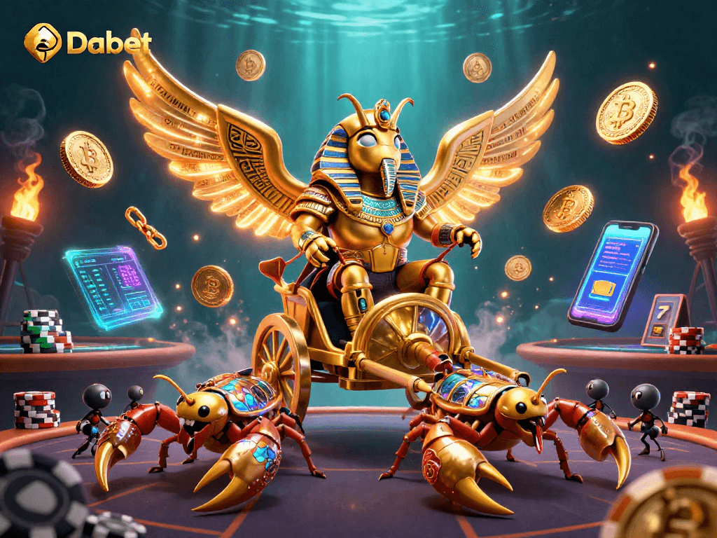 Dabet showcases an immersive gambling world with a colossal golden scarab and vibrant casino elements.