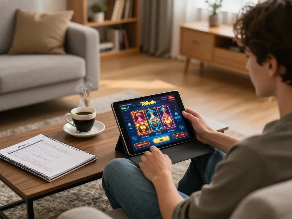 Engaging in an online casino game on 789win 37 from a cozy home setup with betting strategy notes.