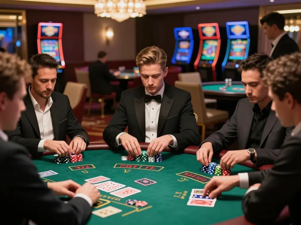 Anchor your blackjack skills as players engage in intense gameplay at a vibrant casino table.