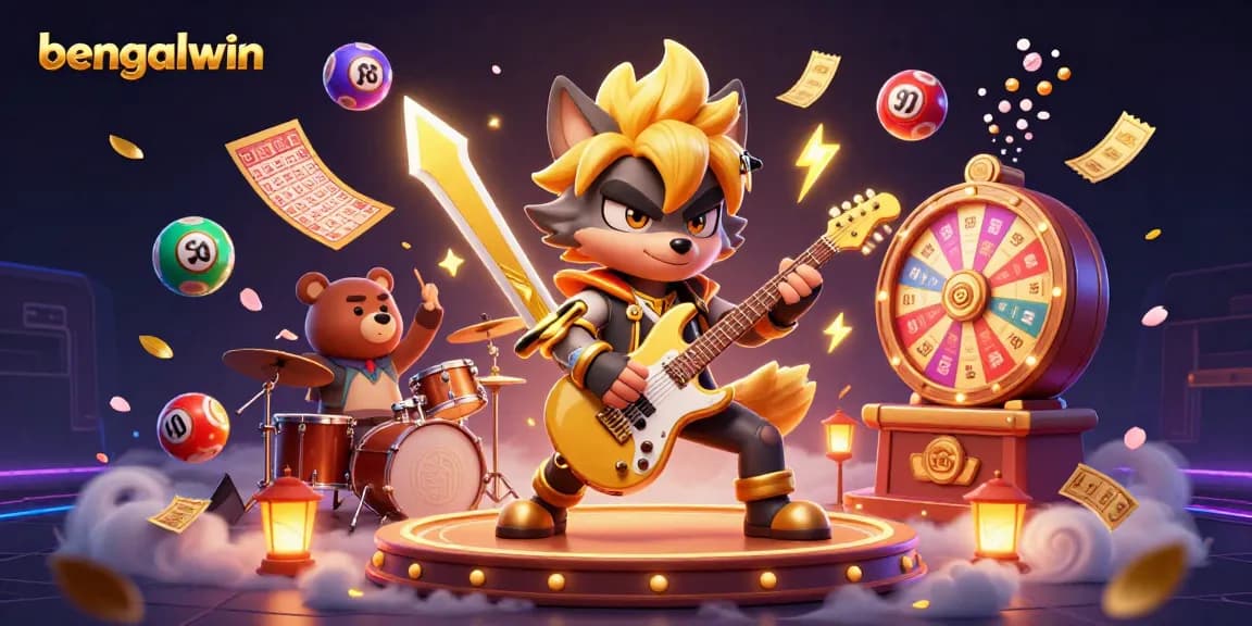 Bengalwin engages players with an electrifying 3D casino scene featuring a rock star wolf and vibrant gaming elements.