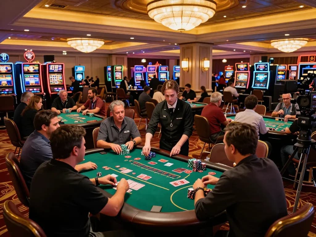 Engaged players at a bustling casino floor enjoying games at https://go8.agency/ with chips and cards.