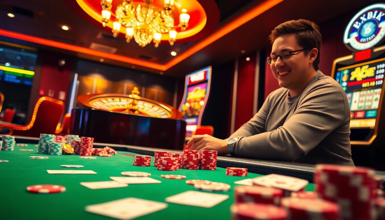 Experience the luxury of gambling at Hay 88 with vibrant casino tables, cards, and excited players.