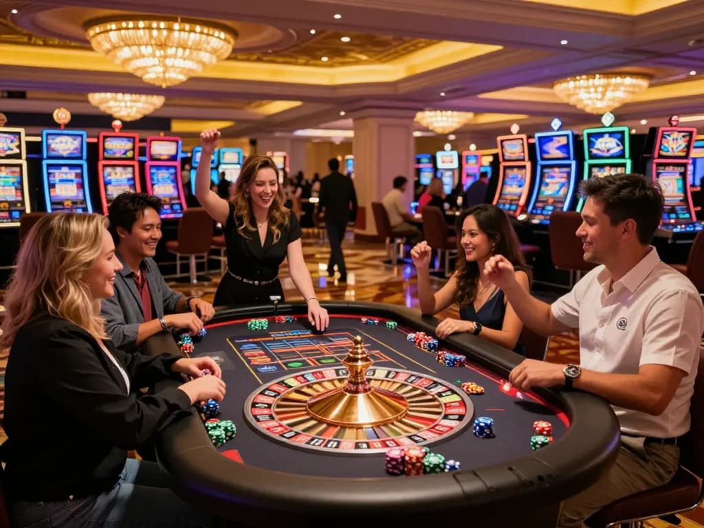 Players at a Sunwin roulette table celebrate their wins amidst vibrant casino lights.