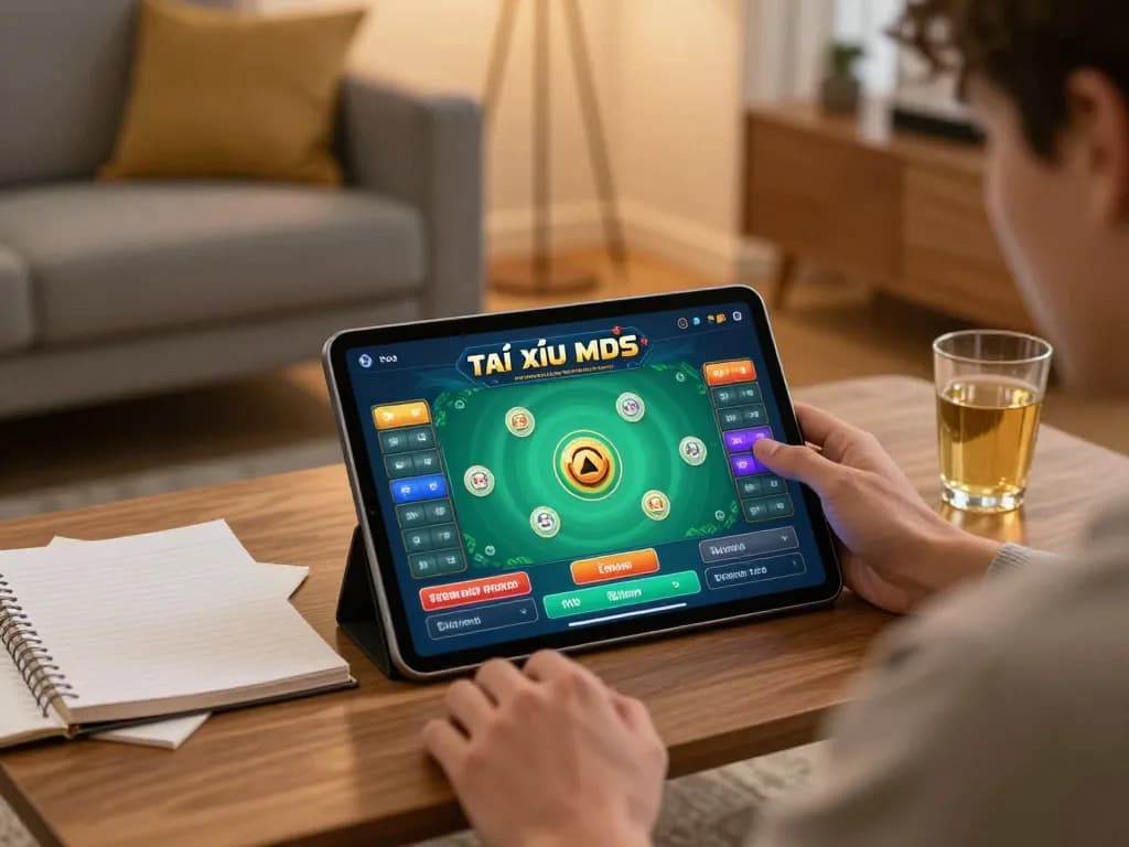 Player enjoying a strategic session of tài xỉu md5 on a tablet in a cozy home setting.