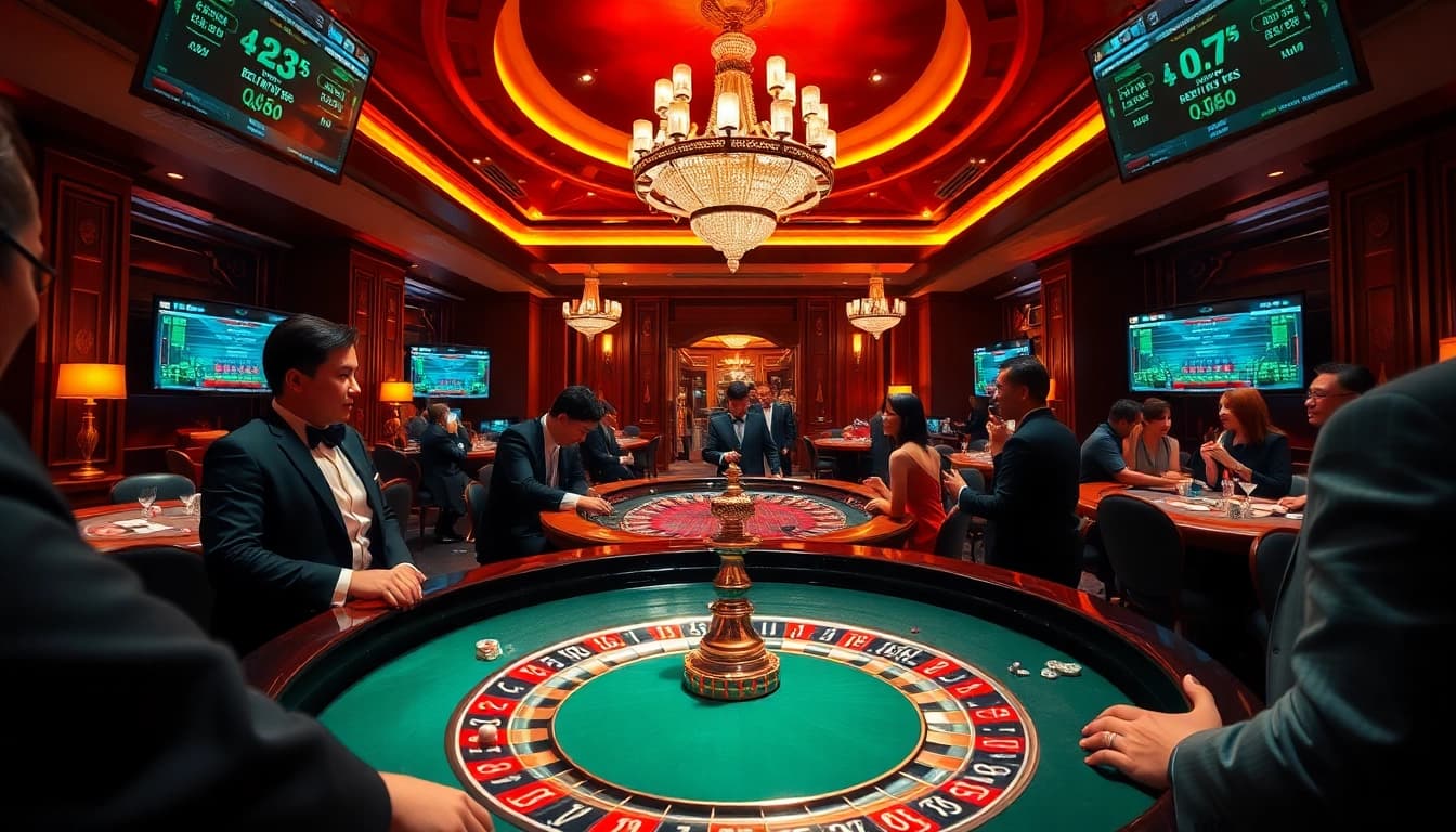 Experience the thrilling gaming excitement at QQ88 with a vibrant casino scene showcasing roulette and card games.