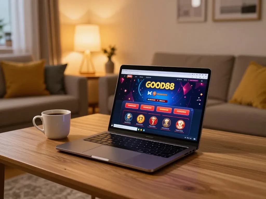 Engaging in online gambling at GOOD88 from a stylish home setup with laptop and coffee.