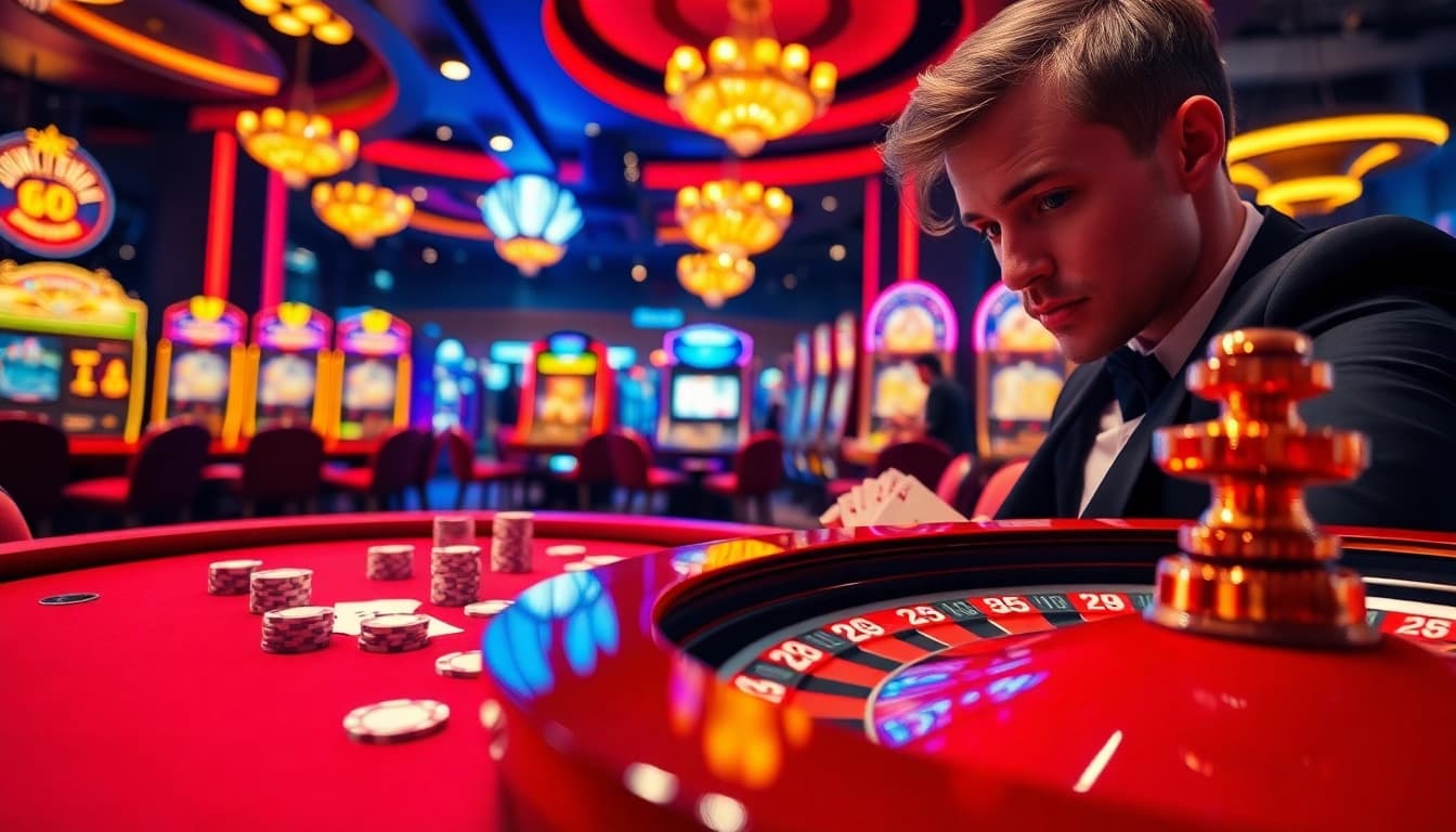 Experience thrilling gameplay at https://gg88.gold/ featuring dynamic casino scenes with poker chips and roulette wheels.
