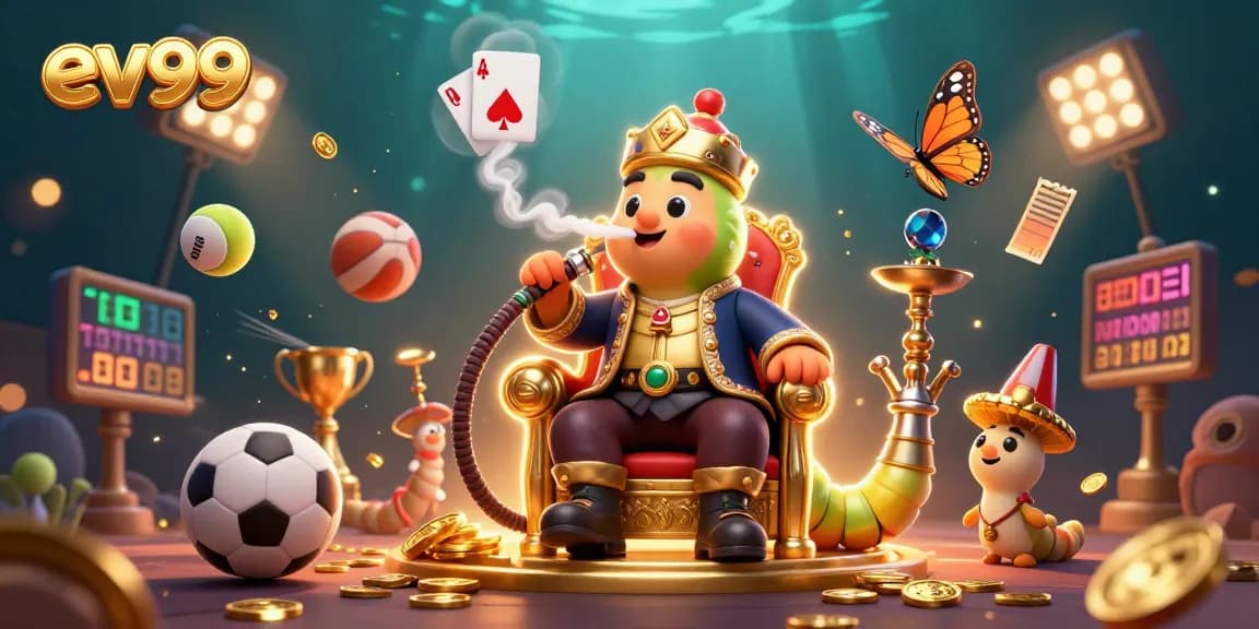 Win at ev99 with cartoonish fun featuring a sultan caterpillar amidst sports-themed elements.