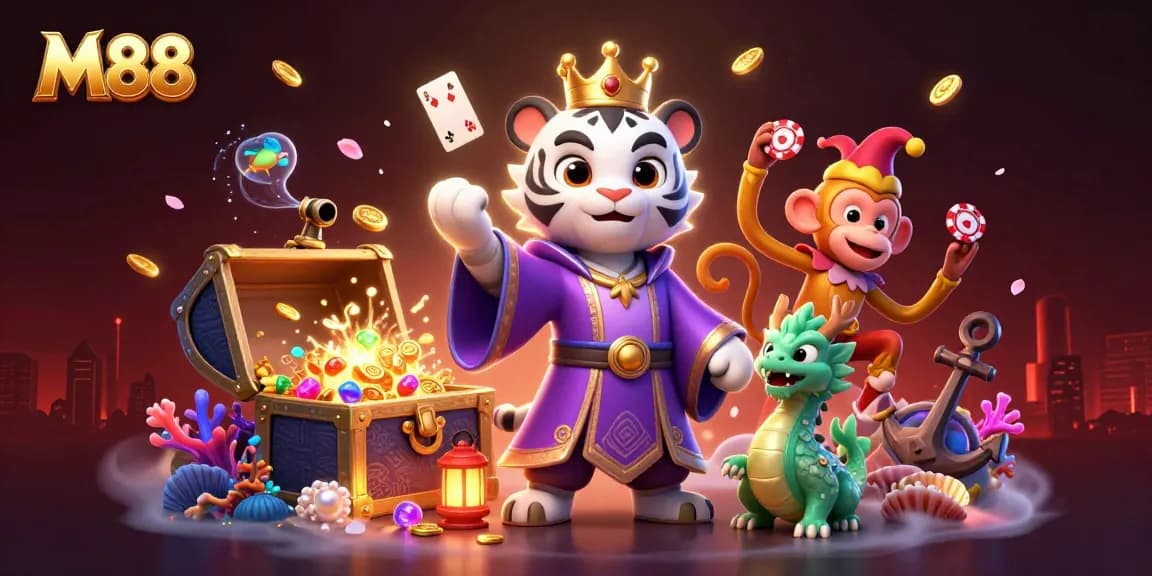Playful M88 scene featuring a tiger, monkey, and dragon among vibrant casino elements.