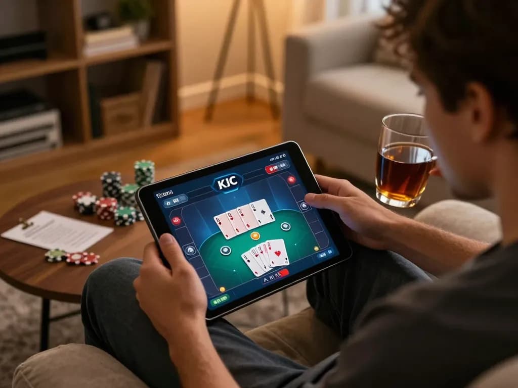 KJC online poker game on a tablet showcasing a player’s focused engagement and cozy home setting.