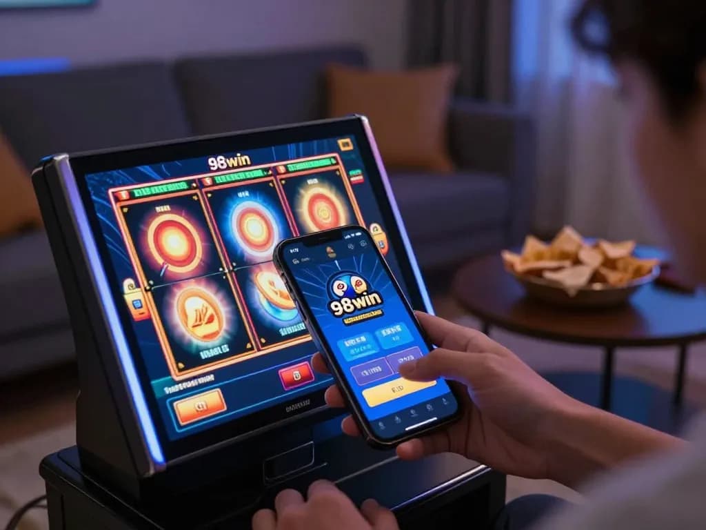 Player spins the reels on the 98win mobile app in a relaxed living room.