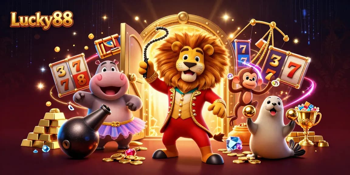 Spin thrilling Lucky88 slot reels with vibrant characters, dazzling gems, and riches bursting forth.