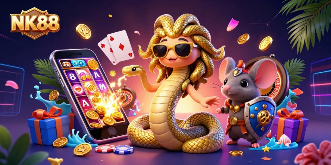 Spin the reels at NK88 casino with Medusa and a warrior mouse amidst vibrant gaming elements.