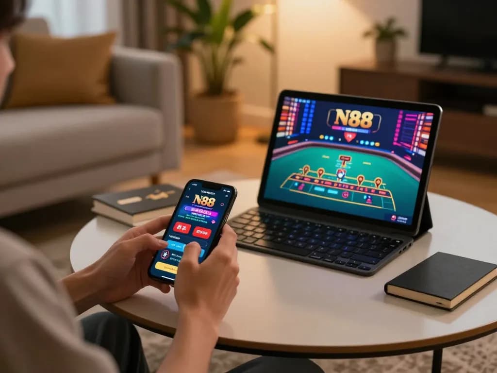 N88 players enjoying online casino games on smartphones and tablets from a cozy living room