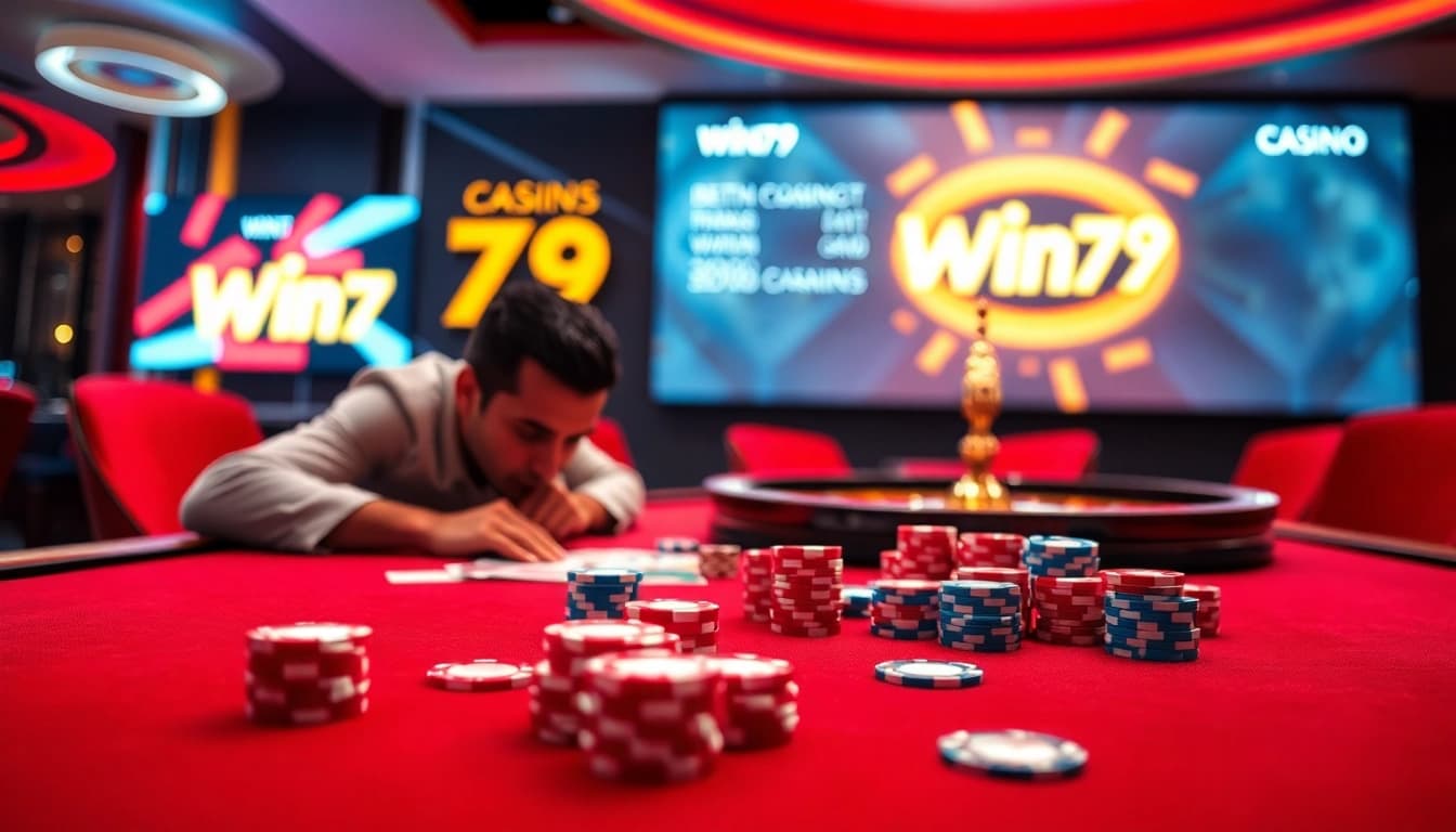 Engage with excitement at Win79's vibrant casino scene featuring poker chips and cards.