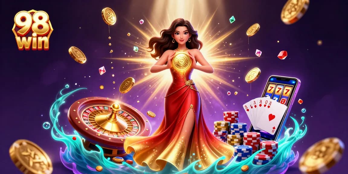 Bet big with 98 win while diving into a colorful casino environment filled with golden coins and game rewards.