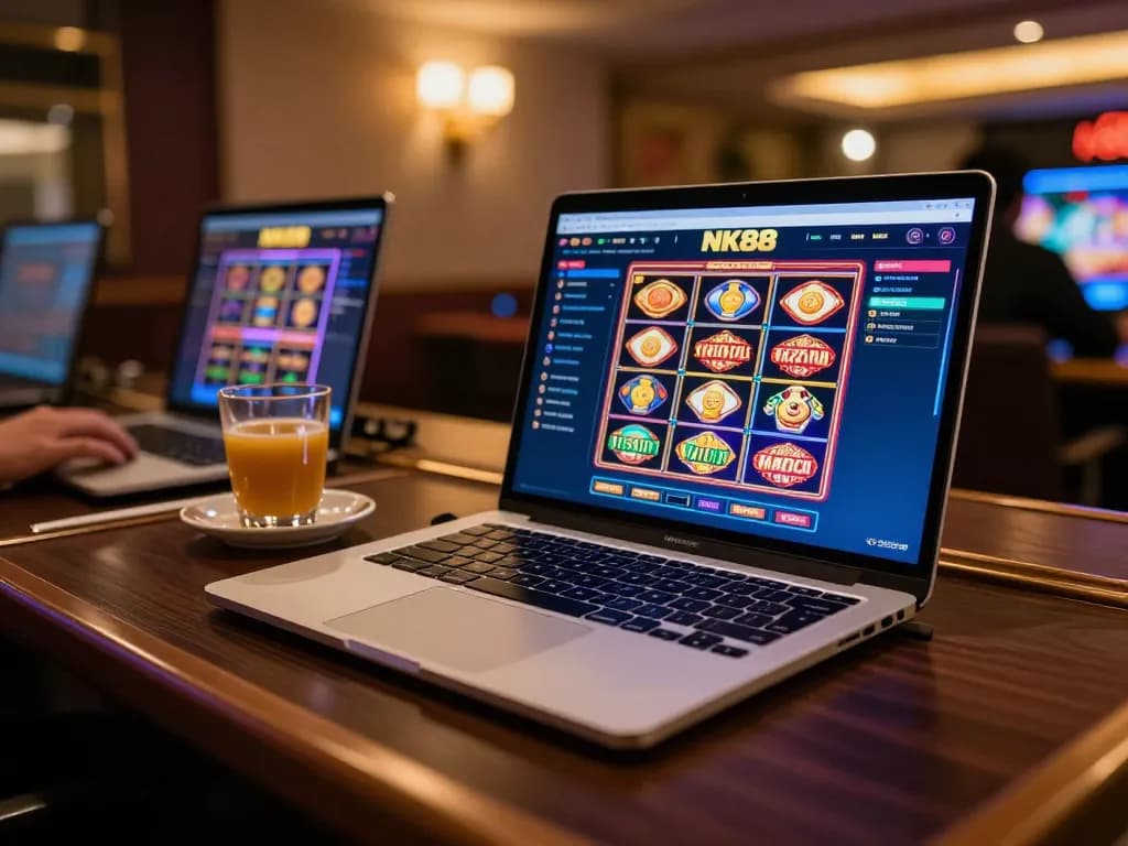 Engaging NK88 online gaming setup with laptop displaying vibrant casino interface and warm home atmosphere.