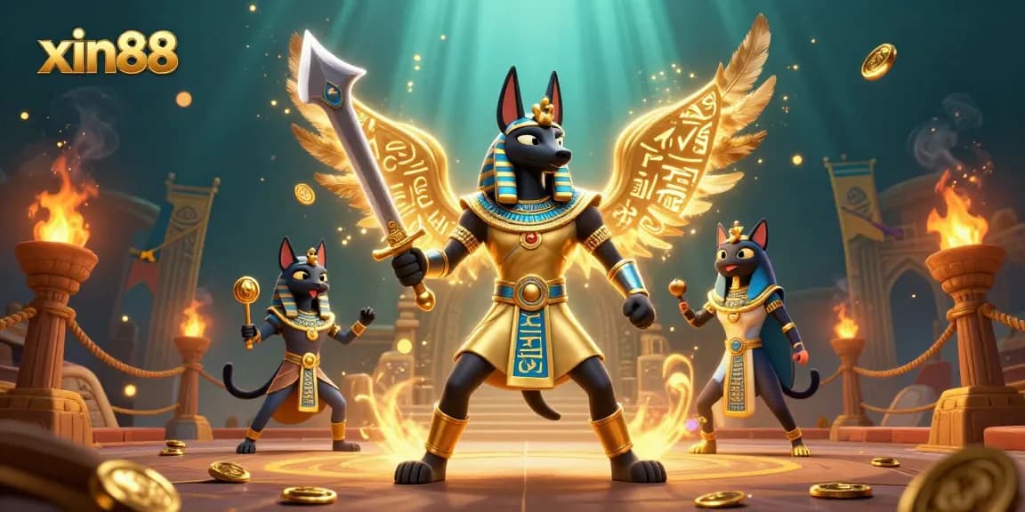 Play casino games at xin88 with Anubis and Bastet in a vibrant, thrilling scene.