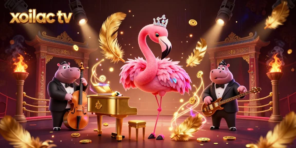 Xoilac TV provides thrilling gambling action with a lively flamingo and hippo duo, showcasing vibrant casino elements.