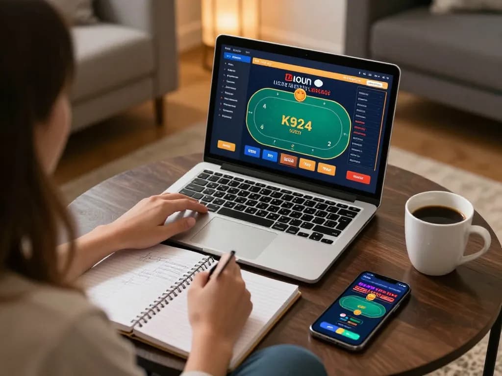 Explore O8's dynamic online gaming experience with a laptop interface showcasing casino gameplay and strategy notes