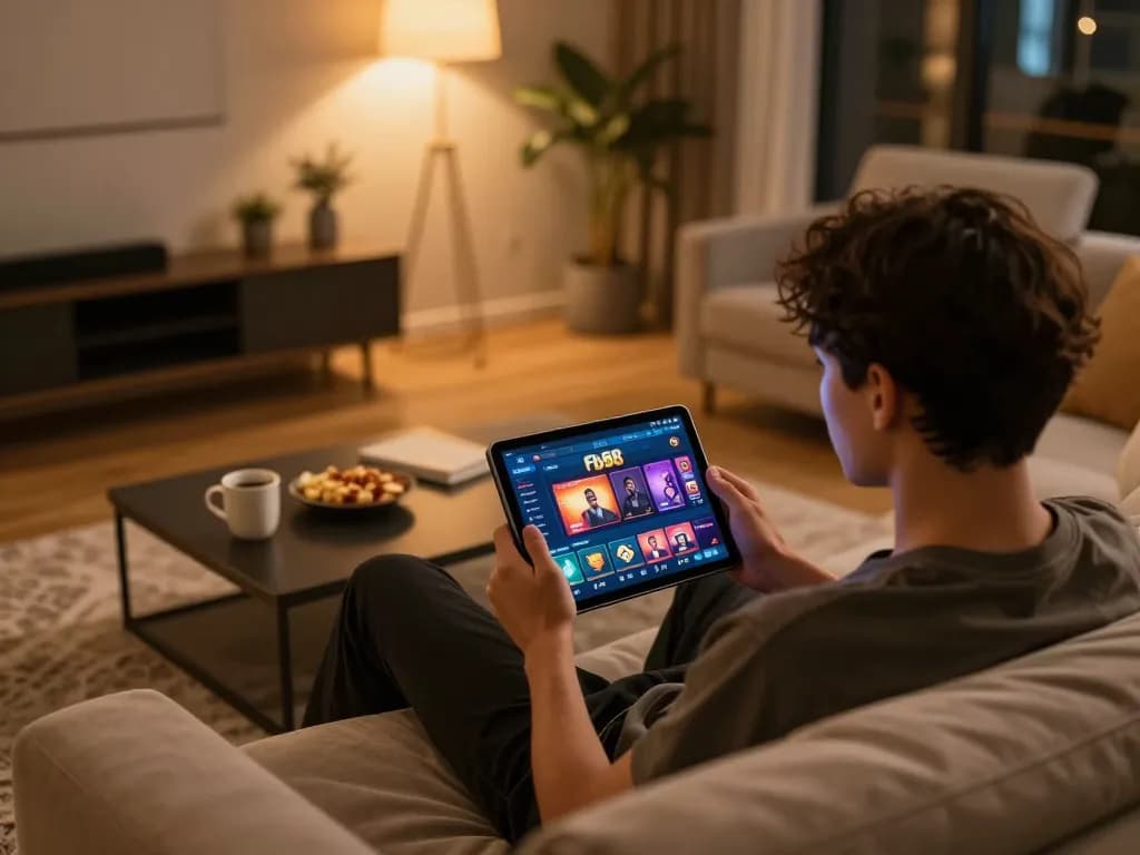 Engaging online gaming scene with a player using the fb88 tablet for dynamic casino gaming.