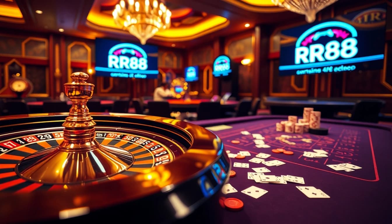 Experience the thrilling atmosphere of RR88 online gambling with poker chips and a roulette wheel.