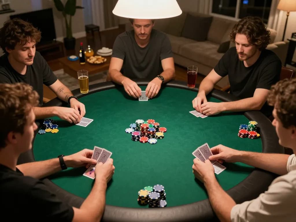 Bong88 players engaging in a lively home poker game, showcasing interactive gameplay amid a friendly atmosphere.
