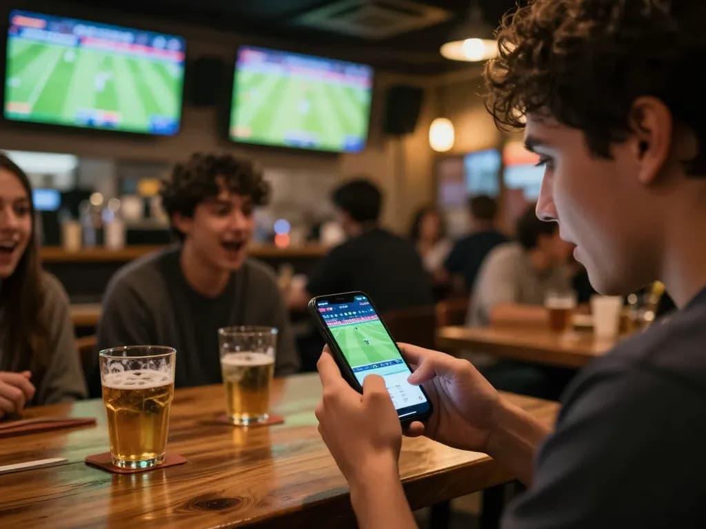 Engaged bettor analyzing kèo nhà cái odds live on smartphone in a sports bar.