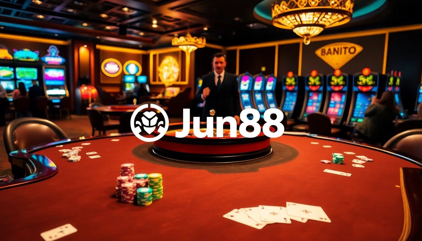 Gamble at Jun88 casino's upscale poker table with vibrant chips and cards.
