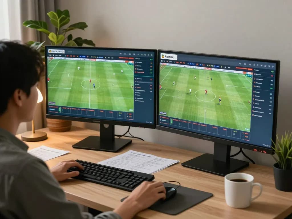 Person evaluating keonhacai odds while betting on football with dual monitors