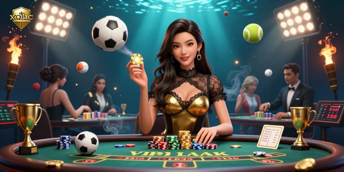Xoilac offers a spectacular scene featuring a confident Asian woman at a VIP baccarat table amidst a thrilling gambling environment.