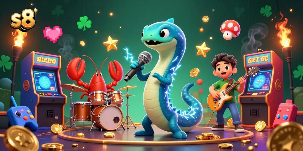 Play slots at s8 with a vibrant underwater scene featuring a DJ electric eel and gaming elements.