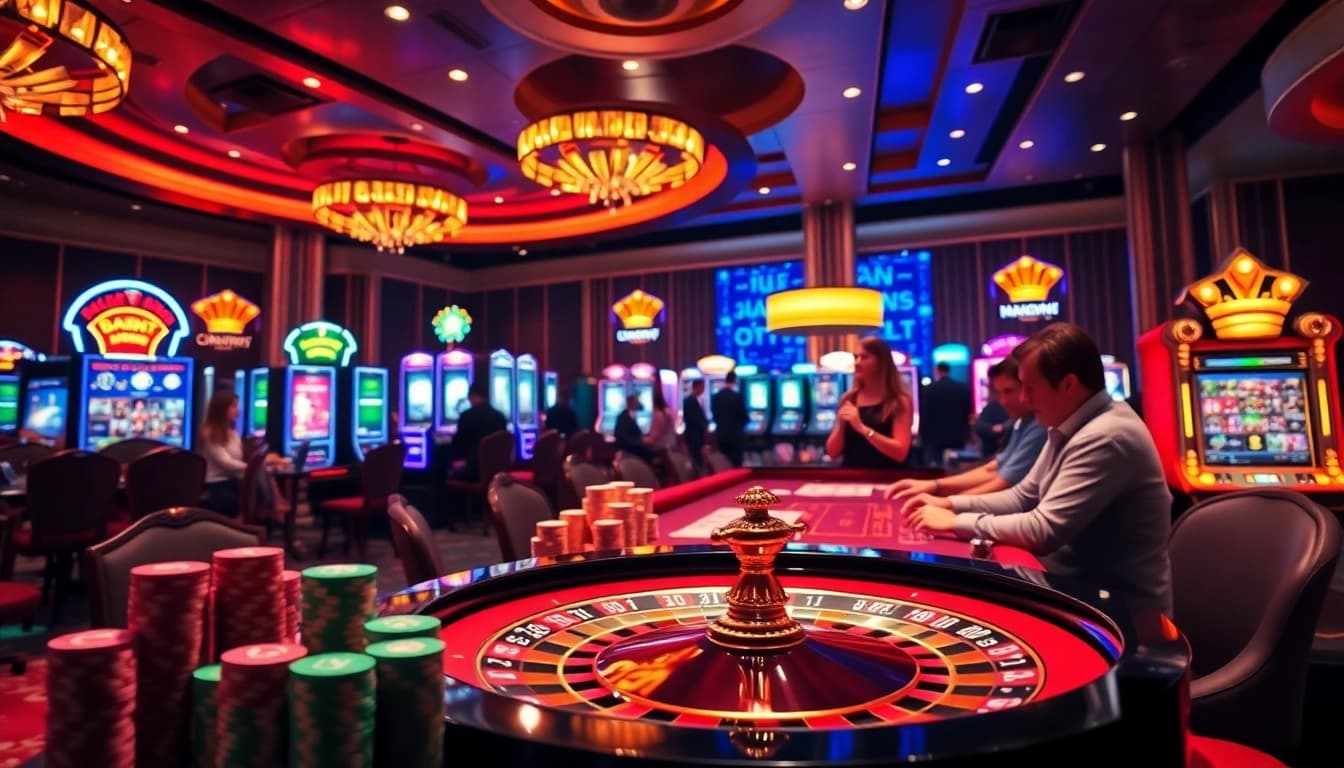 Engaging casino scene showcasing vibrant gaming at okfun.cn.com with roulette, poker, and slot machines.