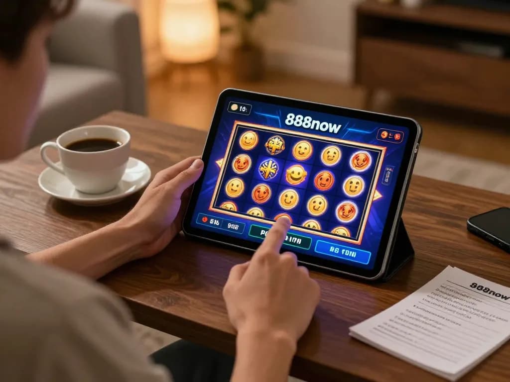 Engaging in online gambling on https://888now.cfd/ with a tablet, showcasing vibrant game graphics.