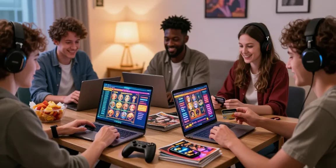 Enthusiastic UK players engaging with credit card casinos for UK players in a cozy living room, making deposits and exploring games.