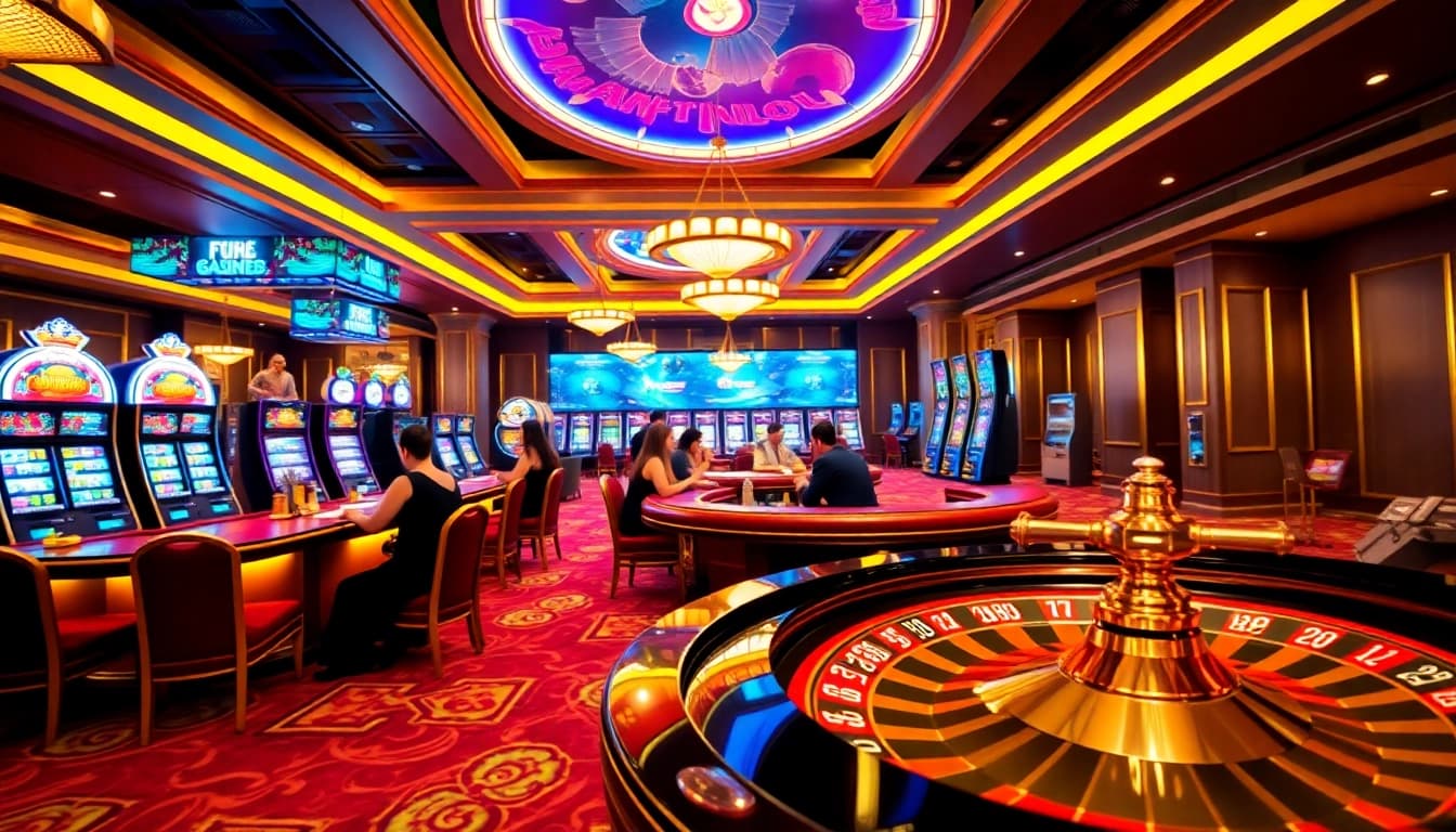 A lively atmosphere of an online gambling platform featuring slot games and live baccarat.