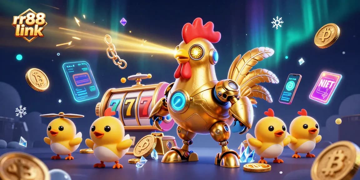 Engage with RR88 link for thrilling casino adventures featuring golden rooster robot and crypto coins.