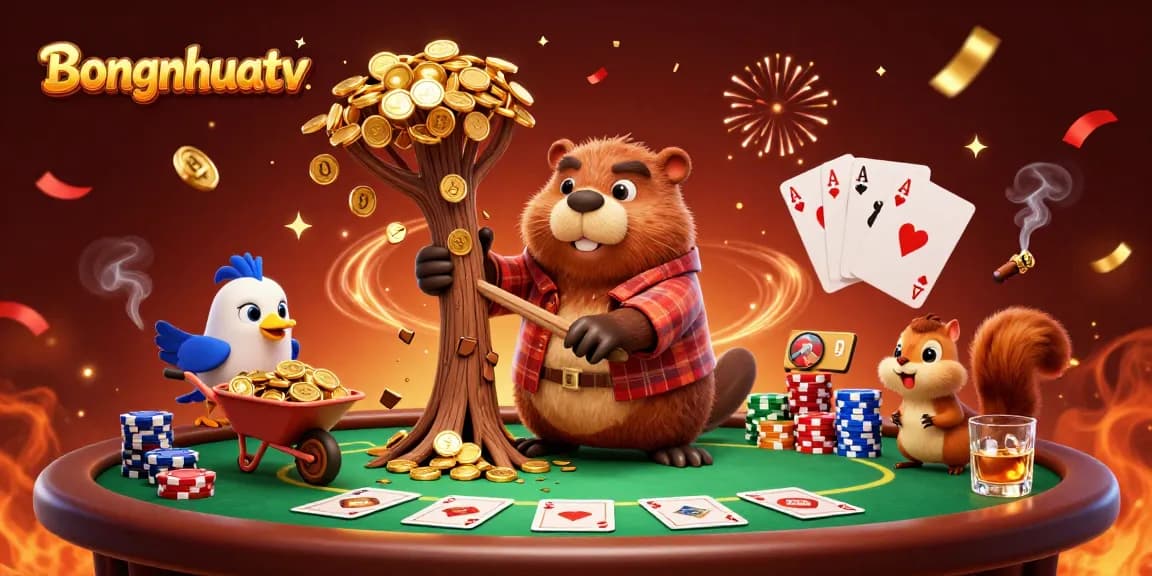 Bongnhuatv showcases a lively scene with a cartoon beaver at a poker table, collecting coins amidst gold confetti, illustrating vibrant gambling action.