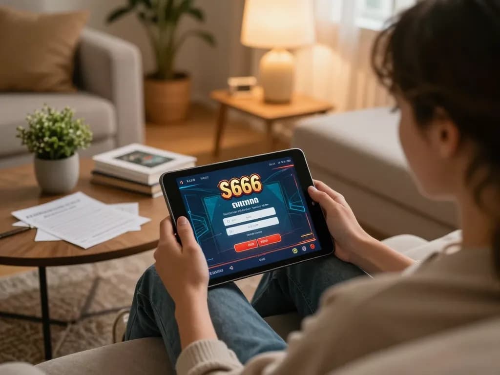 S666 đăng nhập on a tablet while enjoying responsible online gambling in a cozy home setting.