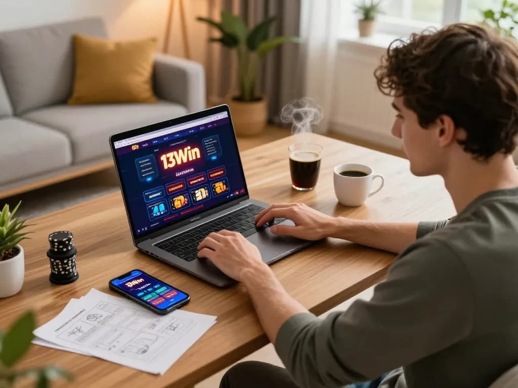 Player engaging with 13Win's online casino interface from a cozy home setup, showcasing responsible gaming.