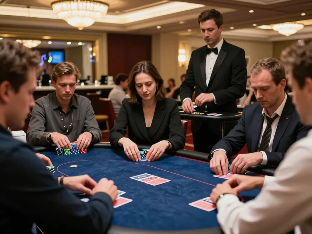 Experience the thrill of vk88 poker gameplay in an upscale casino setting, with players engaged and festive atmosphere.