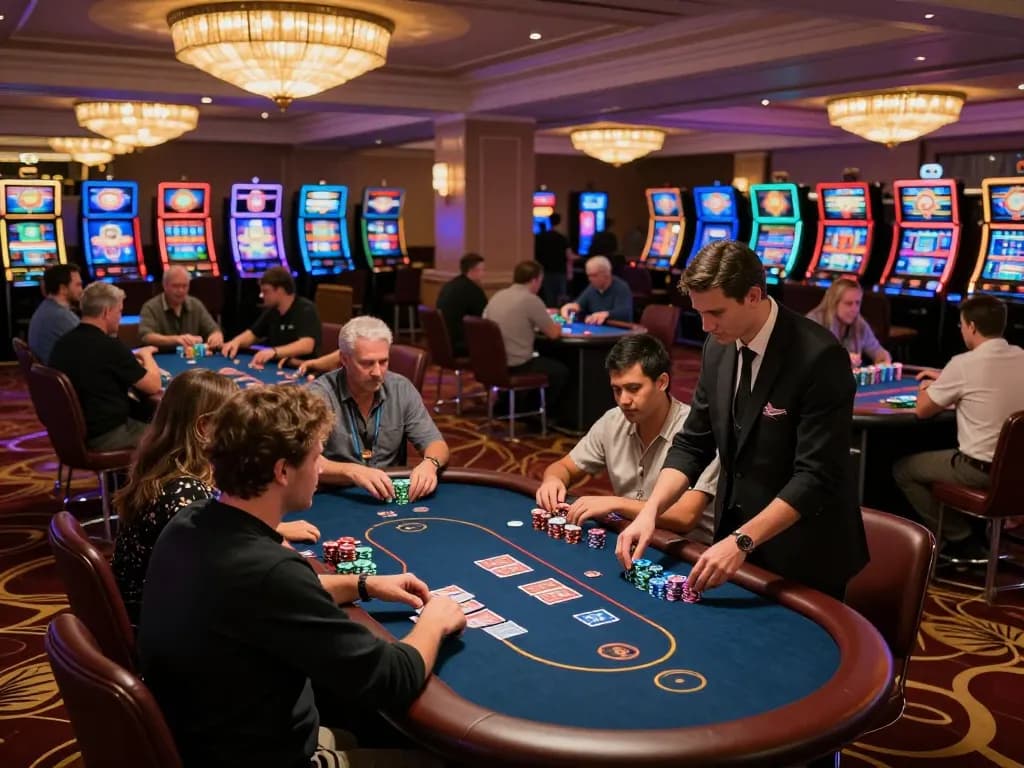 Players enjoying a thrilling game of poker at a vibrant casino floor with strategic bets at KUWIN tables