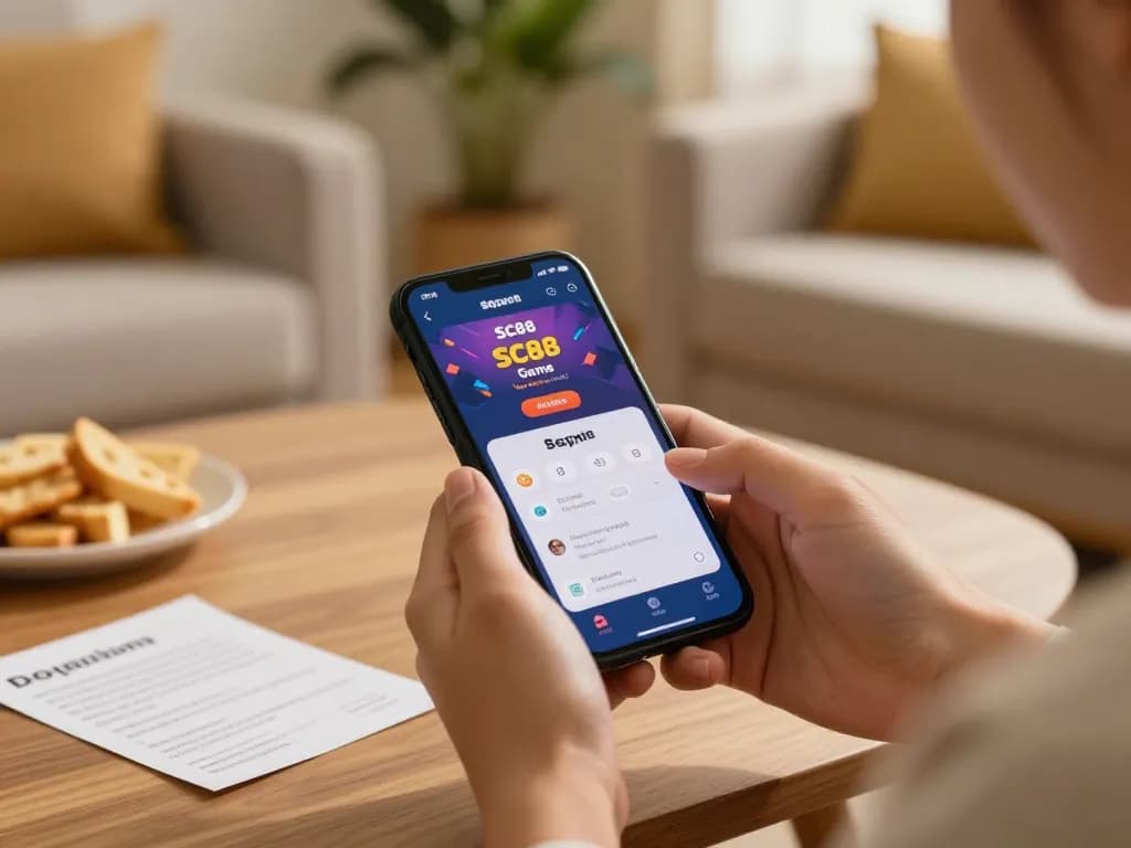 Engaging player experiencing SC88 Game on smartphone, showcasing mobile gaming in a cozy home setting.