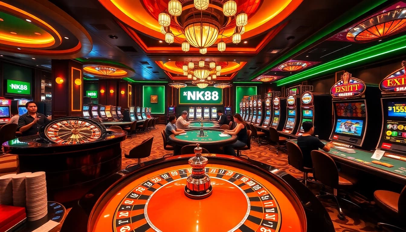 NK88 gaming scene with vibrant roulette wheel and engaged players at poker tables.