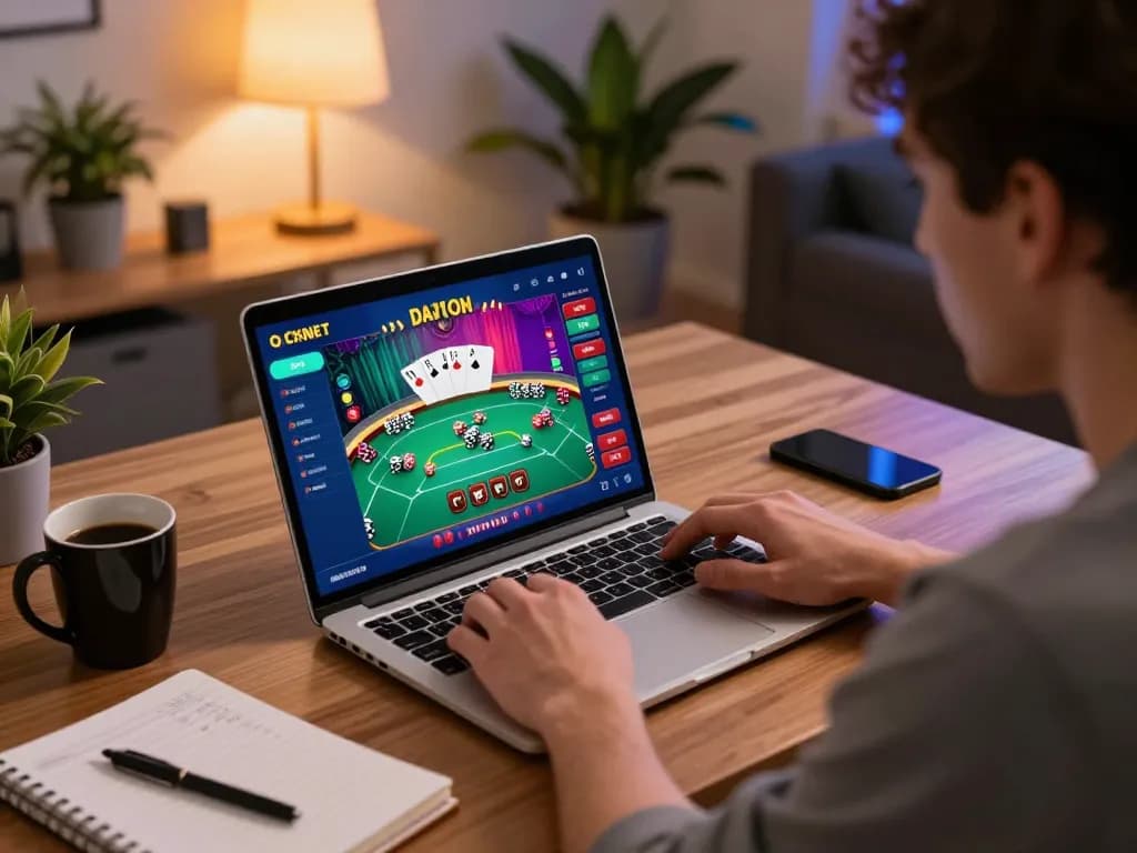 Engaging in Đăng Ký BET168 with a vibrant online casino app on a laptop, showcasing strategic gameplay.