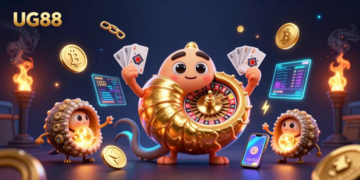 Experience the excitement with UG88, featuring a colorful animated scene of a giant nautilus and glowing ammonite companions immersed in casino gaming.