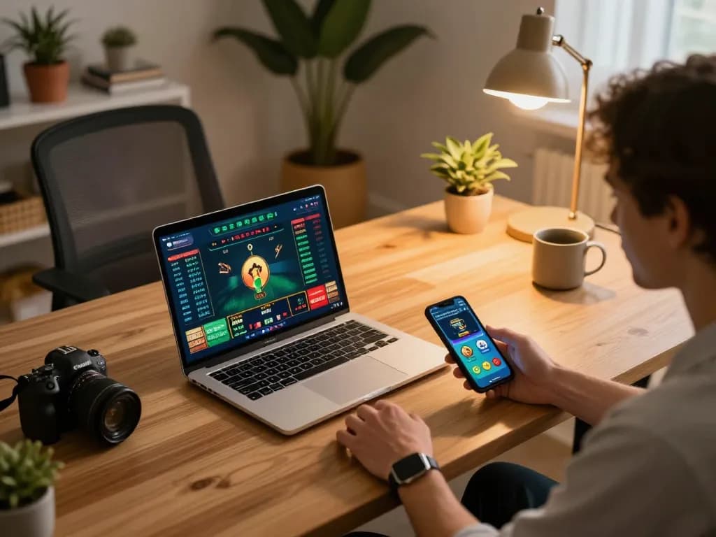 Engaged player using vsbet for sports betting on a laptop in a cozy home office setup